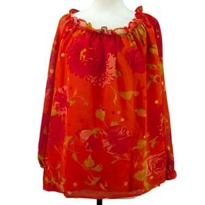 Adini Floral Long Sleeve Top Plus Size 1X Red Pleated Tunic‎ Cottage Grandma NEW